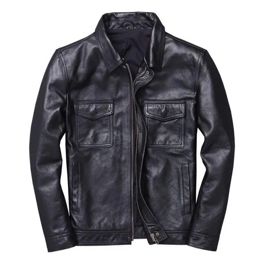 

Men Coat Stylish Men's Faux Leather Motorcycle Jacket with Lapel Zipper Placket Flap Pockets Slim Fit Outwear for Autumn Winter