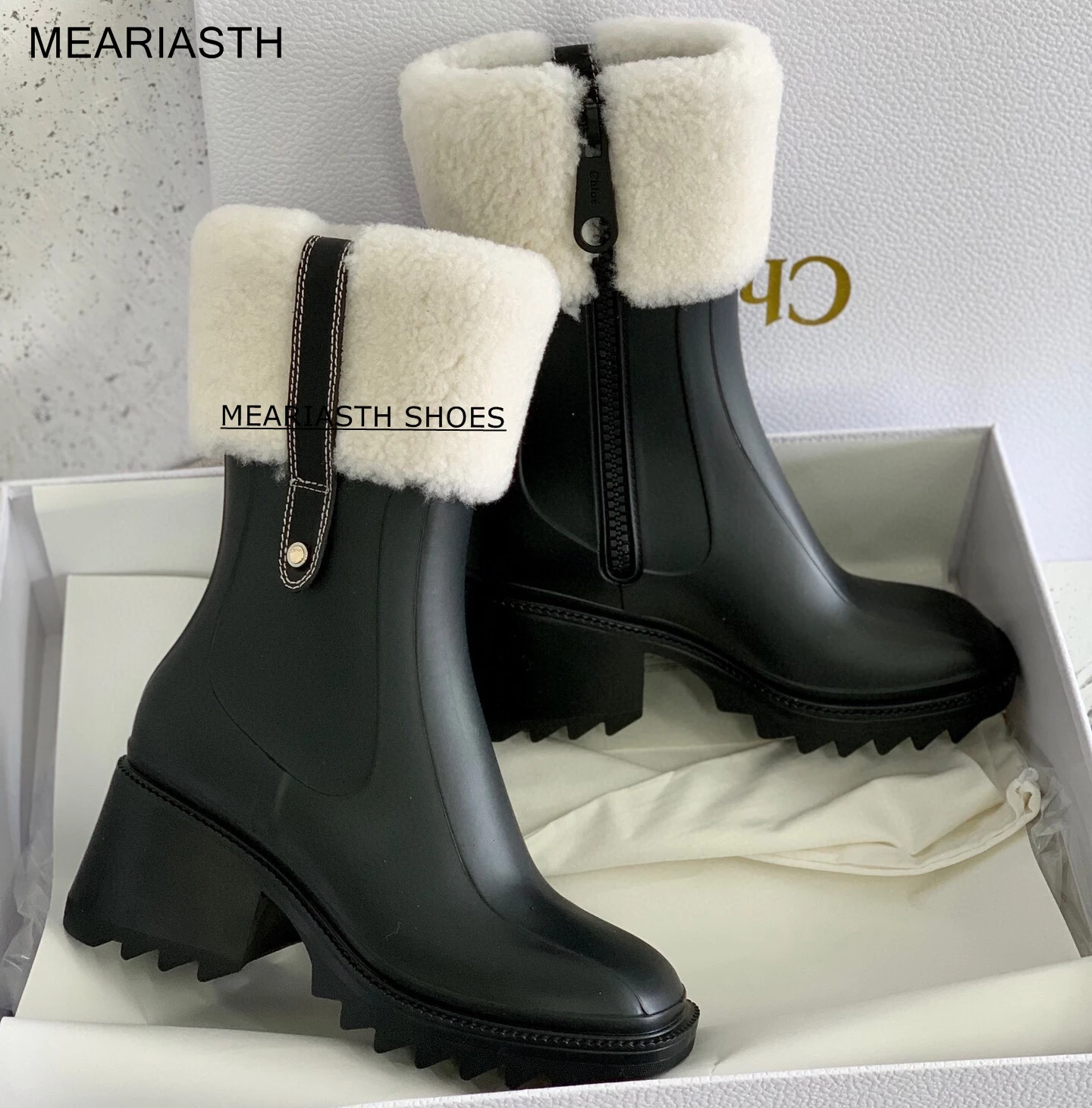 

2022 Hot sale Winter PVC Rain Boots Women Brown Grey Chunky Heel Mid Calf Boots Luxury Brand Chelsea Boots Ankle Boots female
