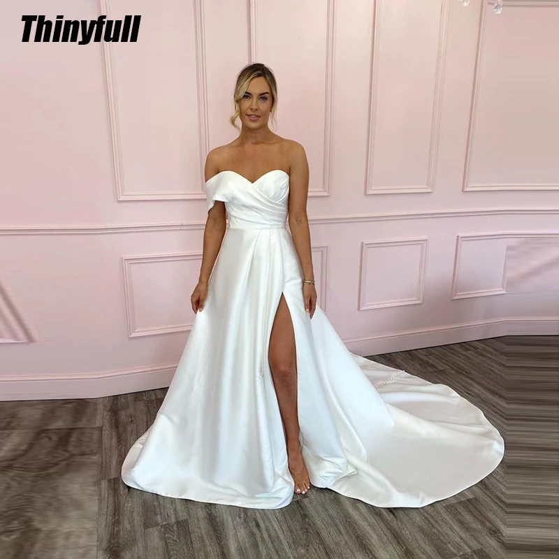 

Thinyfull A-line Satin Simple Wedding Dress Sweetheart Sleeveless Wedding Dresses 2024 Long Split Bridal Gowns