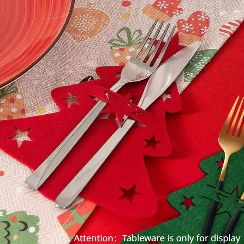 Lot De 12 Porte-couverts Noël En Feutre – Forme Sapin Avec Motif Renne, Rangement De Table Festif