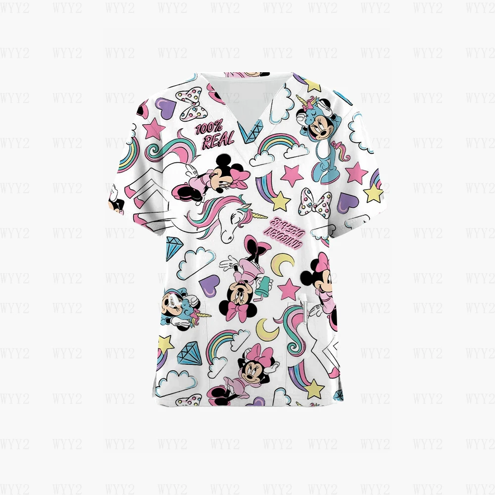 

Nurse Uniform Disney Minnie Breathable Spandex Nurse Accessories Fashion V-Neck Top Summer Lab Workwear Scrub Clothes Women