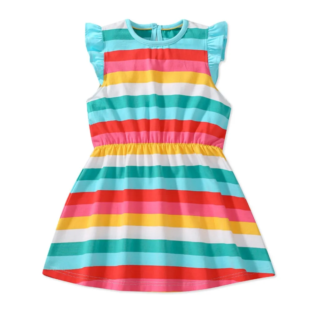 Kids Clothes 2025 New Summer Children's Clothing Cartoon Rainbow Striped Dresses Cotton Casual Vestidos  Gifts