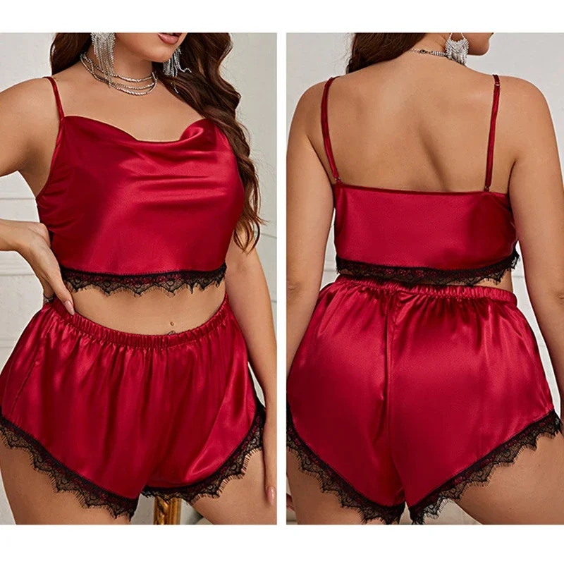 Puls-size Women's Pajamas 2-pcs Set of Suspender Shorts Summer Breathable Silk Sleepwear Ice Silk Loungewear Can Be Worn Outside