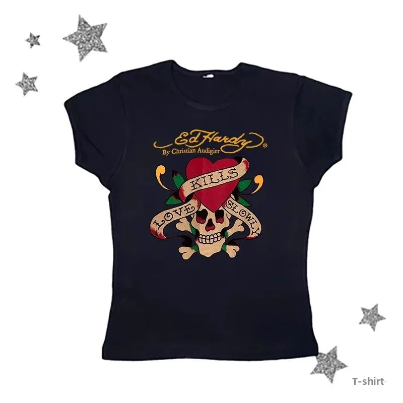 Goth Girls Y2K Fashion Crop Tops Punk Skull Print Gru Gothic Ladies T-shirts Streetwear Casual Female Clothing - 3