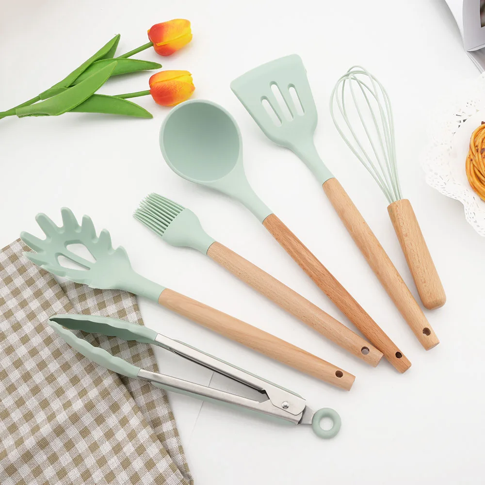 New Silicone Cooking Utensils Set Non-Stick Kitchenware Spatula Shovel Wooden Handle Cooking Tools Set Kitchen Tool Accessories