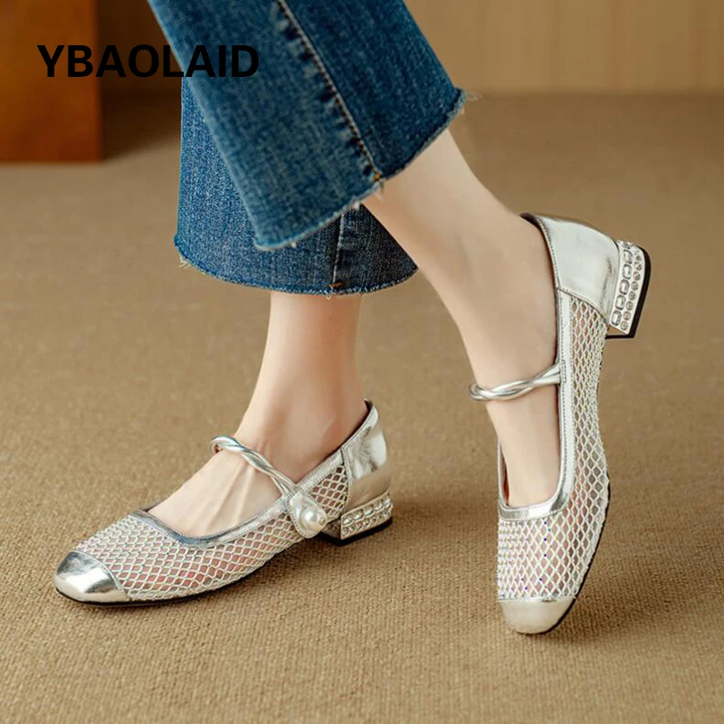 

2024 New Arrival Mary Jane Shoes Round Toe Patchwork Mesh Single Shoes Crystal Stud Chunky Low Heel Shallow Loafers Shoe Females