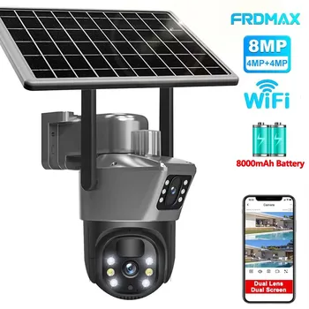 Telecamera solare WiFi 4K da 8 MP, Telecamera di sicurezza wireless per esterni, Rilevamento umano PIR, Telecamere di sorveglianza CCTV, Con pannello solare, Telecamera IP PTZ a doppia lente, Protezione di sicurezza