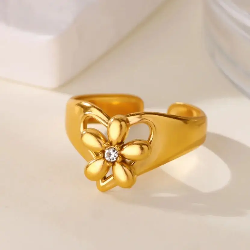 Stainless Steel Flower Ring Women Adjustable