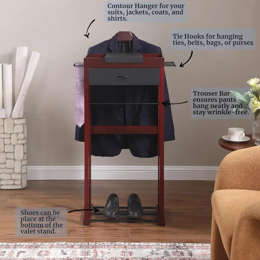 winston freestanding wooden clothes valet stand organizer with hanger, pant rod, drawer, tie hook, tray, shoe rack for men and