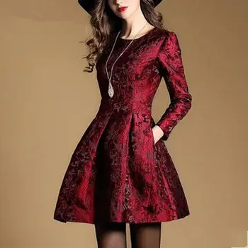 2022 New Autumn Long Sleeve Jacquard Dress Work Casual Party Slim O-neck Printing Dresses Women A-line Vintage Vestidos Spring 1