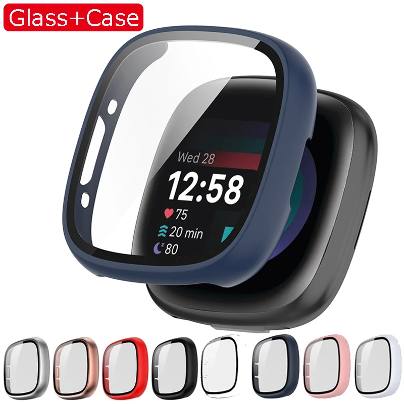 BBZ versa3 Custodia,Pellicola Protettiva in Vetro + Cornice in plastica Rigida, Protezione Completa Compatibile con Fitbit versa3, Sense