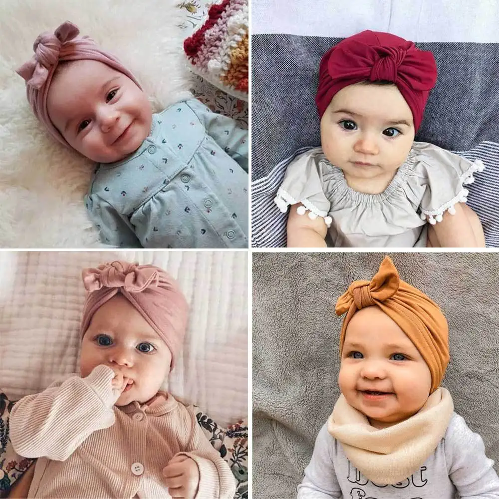 #01-Beige, 17x18cm Tuscom Toddler Baby Girl Headbands with Bows Cute Solid Bow Knotted Hat Beanie Elastic Headwear Warm Accessories 