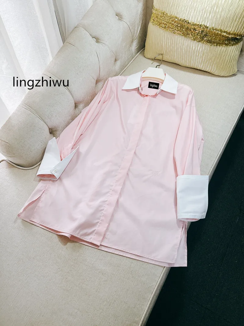 

Розовая блузка lingzhiwu, весна 2024, французская дизайнерская Съемная длинная рубашка из тенсела, винтажный топ из хлопка, новое поступление
