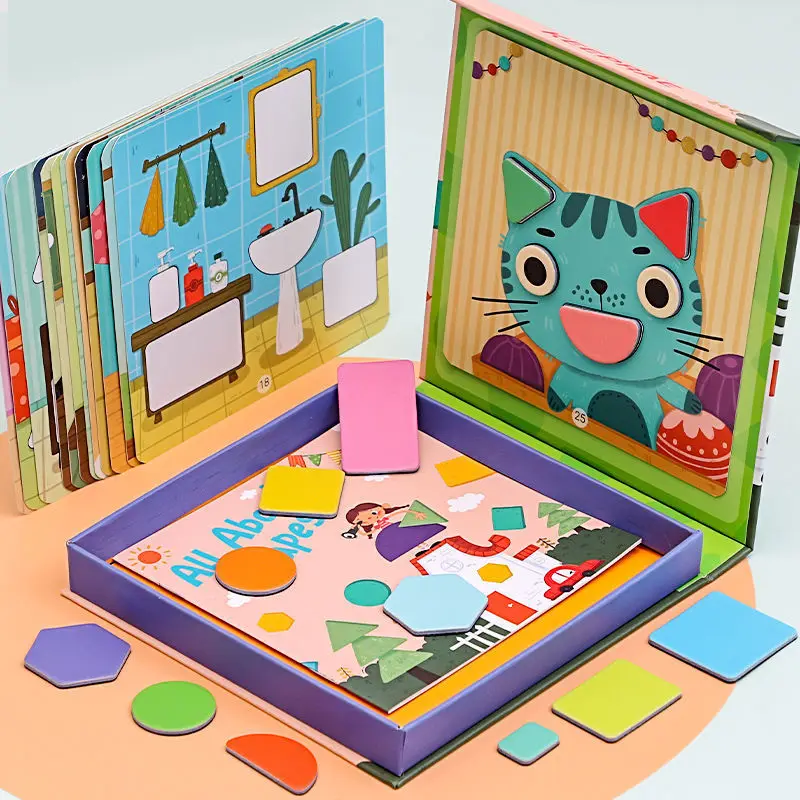 Wooden Puzzle Toys Wooden Montessori Puzzle Toys Mosaic Color Shapes Sensory Game Early Educational Toy Jigsaw Pattern Blocks for Toddler's Gifts