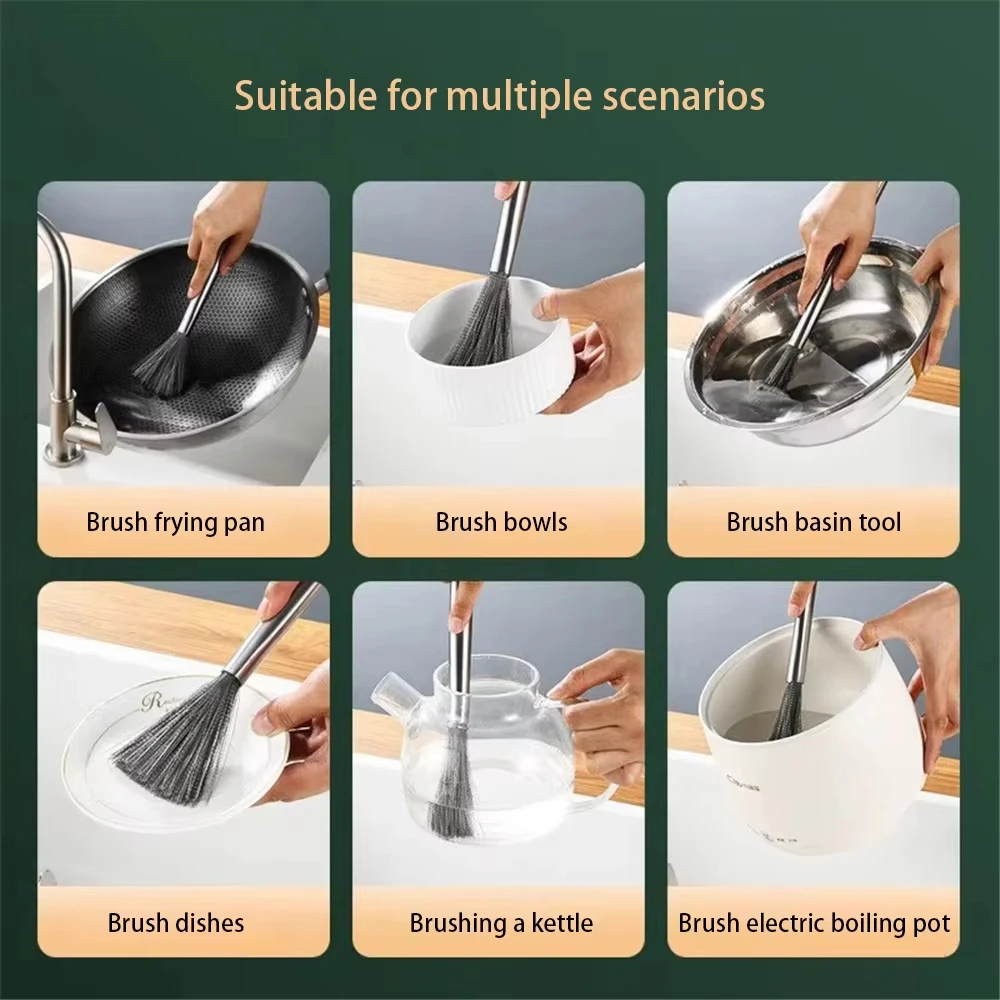 Description Picture 4 of item1-2Pc Stainless Steel Pot Brush Long Handle Multi-Functional Cleaning Brush Hanging Washing For Kitchen Sink Pans Scrubber Tools