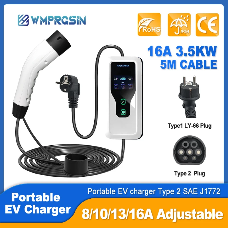

16A 3.5KW Portable EV Charger Type2 1P EVSE Fast Charging Box Type2 LY-66 Plug Controller Wallbox for Electric Car