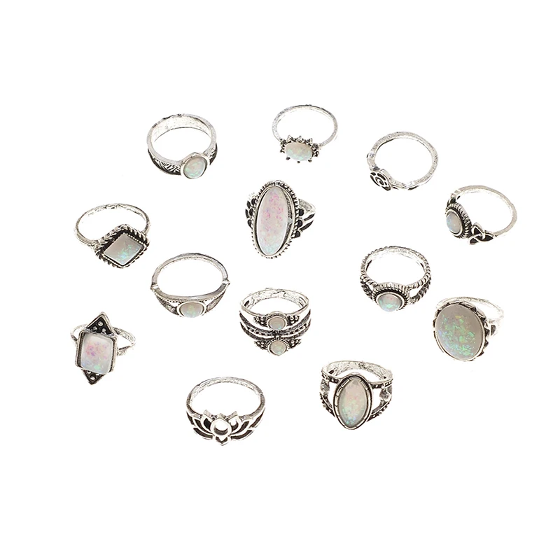 Bohemian Opal Stone Rings Sets For Women Antique Carving Knuckle Ring Female Fashion Jewelry Accessories
