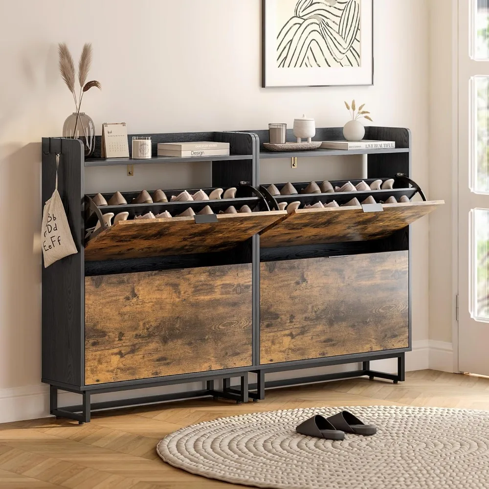 Shoe Cabinet, 2 Flip Drawers, Freestanding Slim Narrow Shoes Rack Cabinet for Entryway, Hallway, Hidden Shoe Storage Cabinets