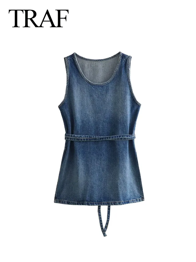 

TRAF Woman's New Fashion Spring Chic Dresses Denim Blue O-Neck Sleeveless Lace-Up Decorate Slit Female Streetwear Mini Dresses