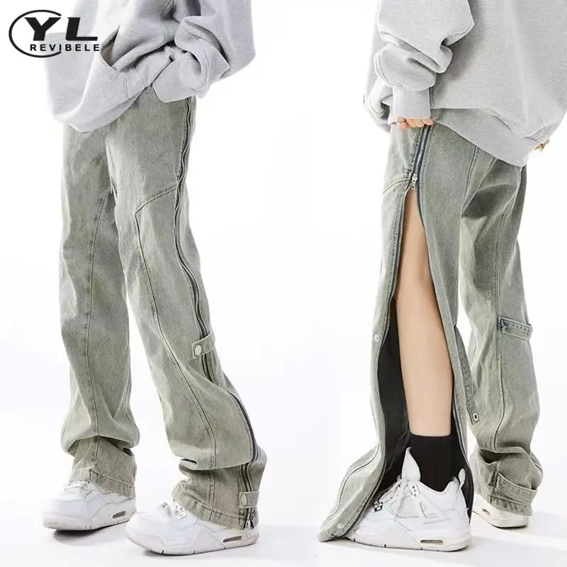 High Street Side Zipper Jeans Men Hip Hop Retro Casual Denim Pants Male American Baggy Pant Washed Straight Wide Leg Trousers