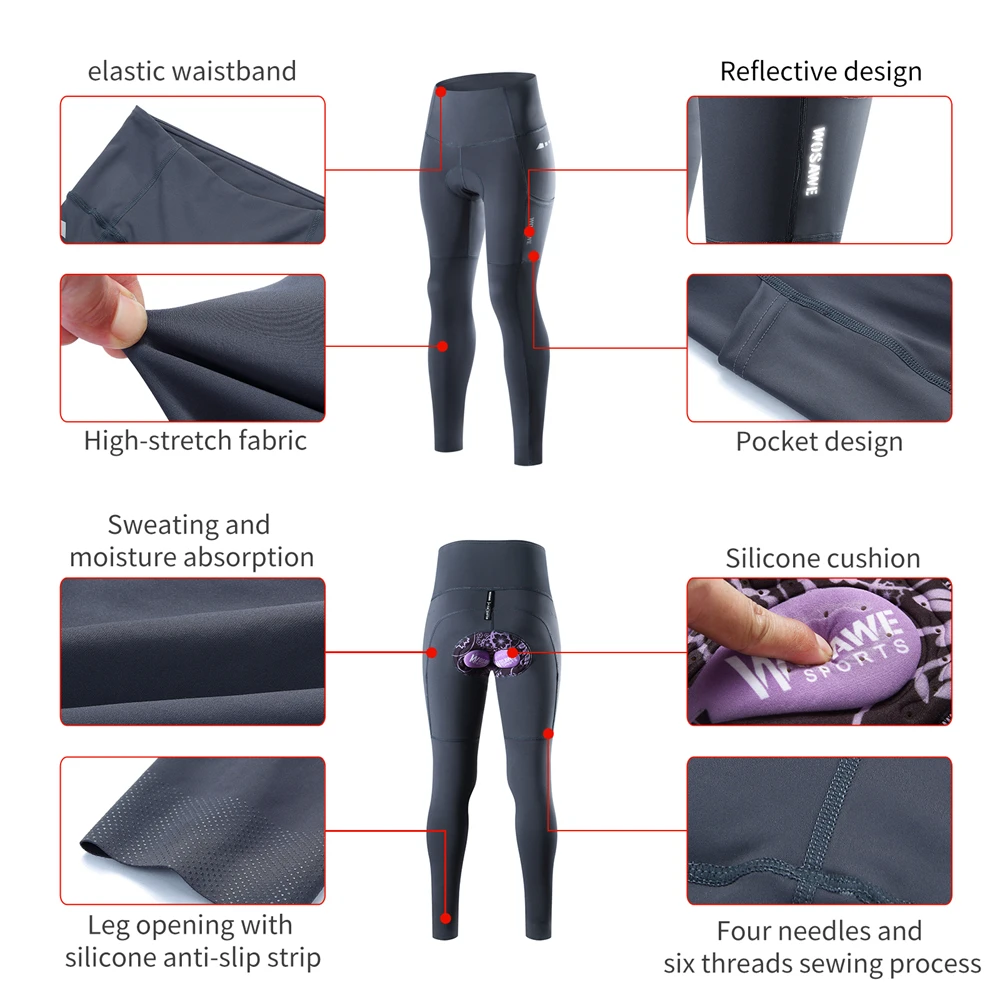 WOSAWE Women's Bicycle Tights Long Padded Pant Cycling Riding Tights Leggings with Side Pockets MTB Mountain Biking Pants