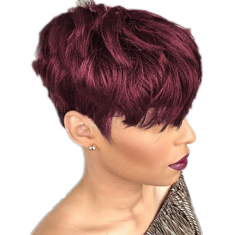 

Red Burgundy 99J Color Short Bob Pixie Cut Wig With Bangs Natural Straight Wave Remy Indian Remy Human Hair Wigs For Black Women