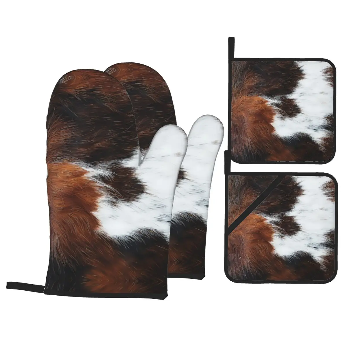 Scottish Highland Cow Cowhide Texture Oven Mitts and Pot Holders 4pcs Sets Kitchen Gloves Potholders for Cooking Baking Grilling
