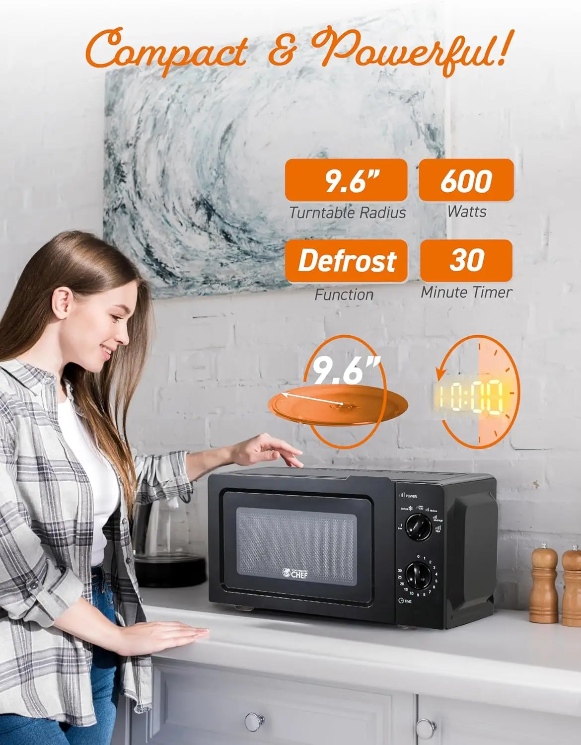CHEF 0.6 Cubic Foot Microwave with 6 Power Levels, Small Microwave with Grip Handle, 600W Countertop Microwave with 3 4