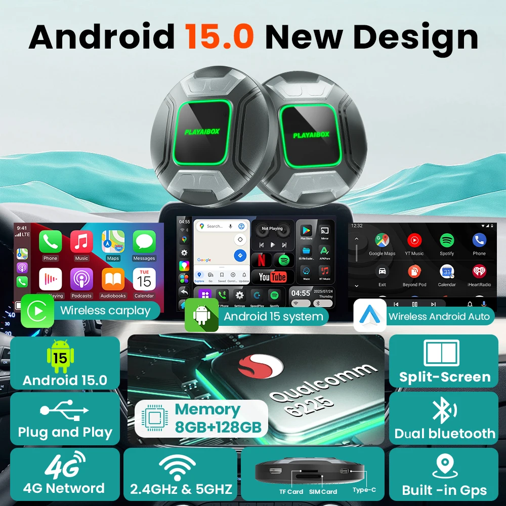 Android 15 Car AI Box Wireless Carplay Android Auto Adapter