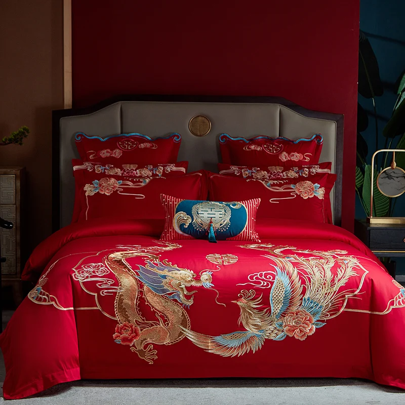 

New Luxury Golden Loong Phoenix Embroidery Chinese Wedding Red Egypt Cotton Bedding Set Duvet Cover Bed Sheet Linen Pillowcases