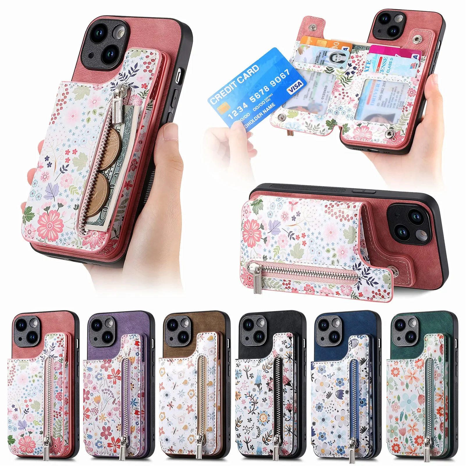 iPhoneアクセサリー iPhone 15Pro Max Phone Case 3 Card Zipper Cards Slot Wallet Case For iPhone 15 Pro Max 14 Plus