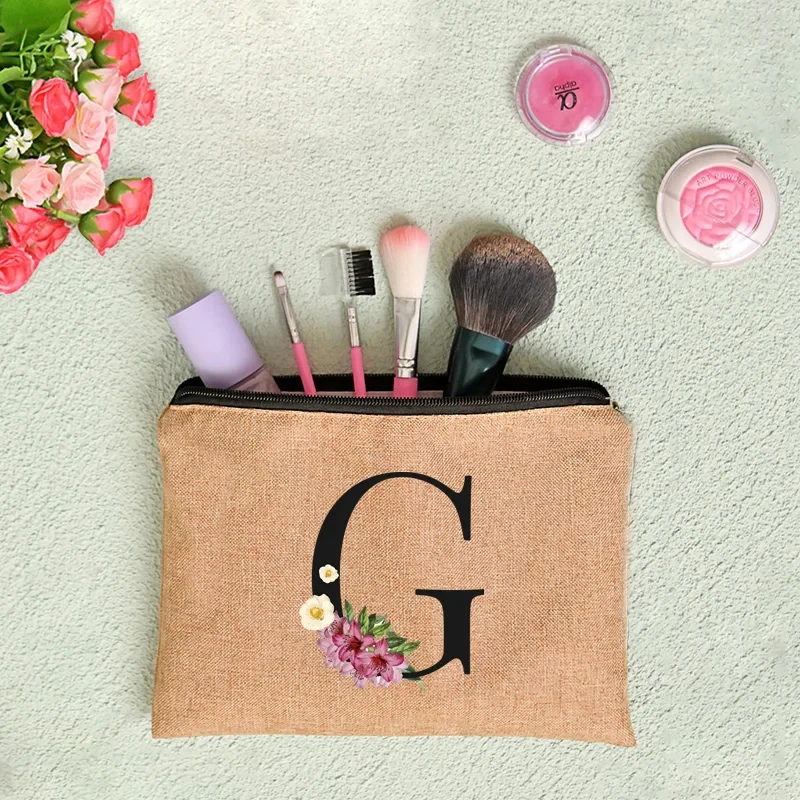 Floral Print Linen Zipper Pouch Cosmetic Travel Organizer