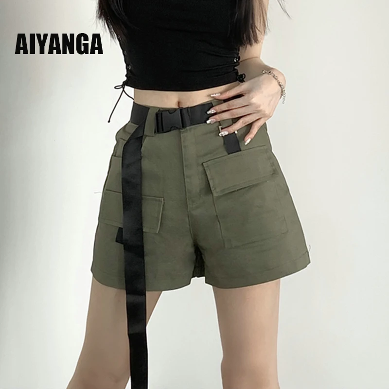 Pantalones cortos informales de Safari para mujer, Shorts Cargo de cintura elástica con cinturón, color verde militar, 2023 _ - AliExpress Mobile