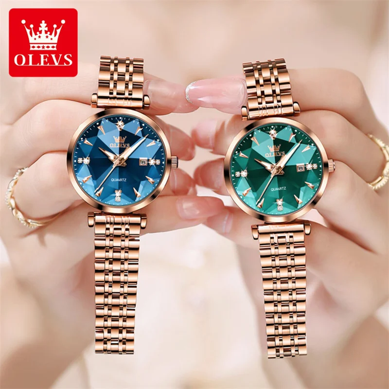 OLEVS Classic Luxury Women Watch Stainless Steel Green Dial Delicate Waterproof Quartz Casual Dress Ladies Watch Reloj Mujer
