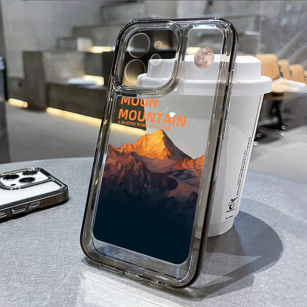 

Transparent Black Phone Case For iPhone 14 15 11 12 13 Pro Max XR XS Max 7 8 14 Plus SE Fundas Shockproof Soft Mountains Cover