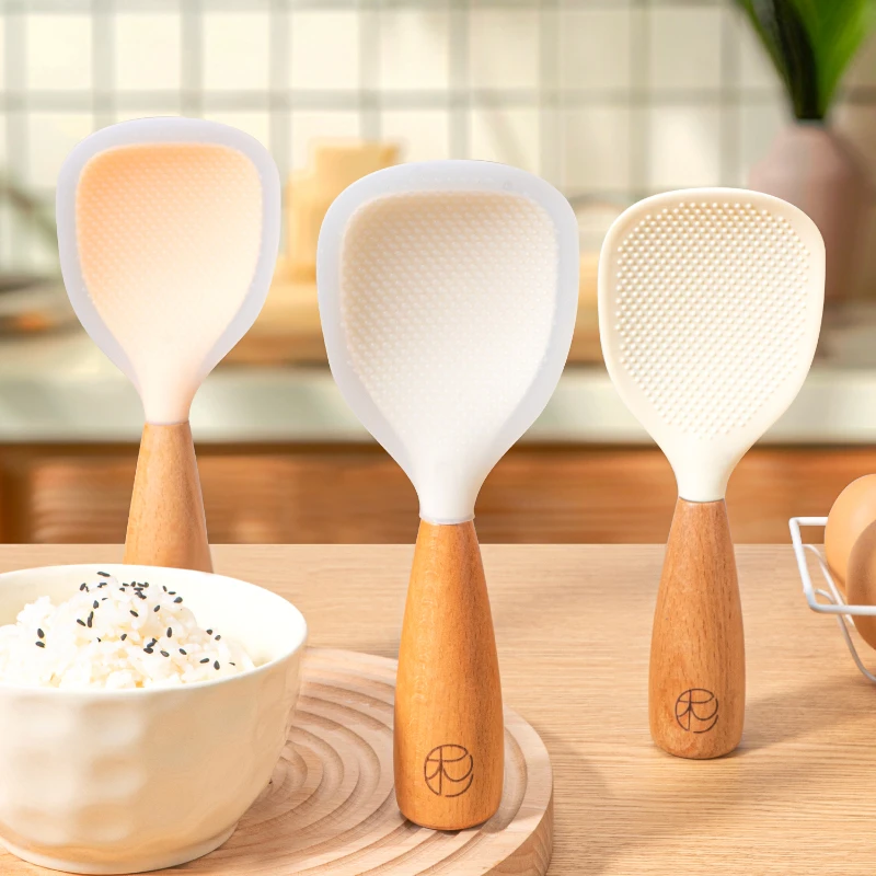 Shanju Vertical Silicone Rice Spoon with Wooden Handle Non-stick Anti-scalding Durable Food Shovel Cooking Durable Kitchen Toods