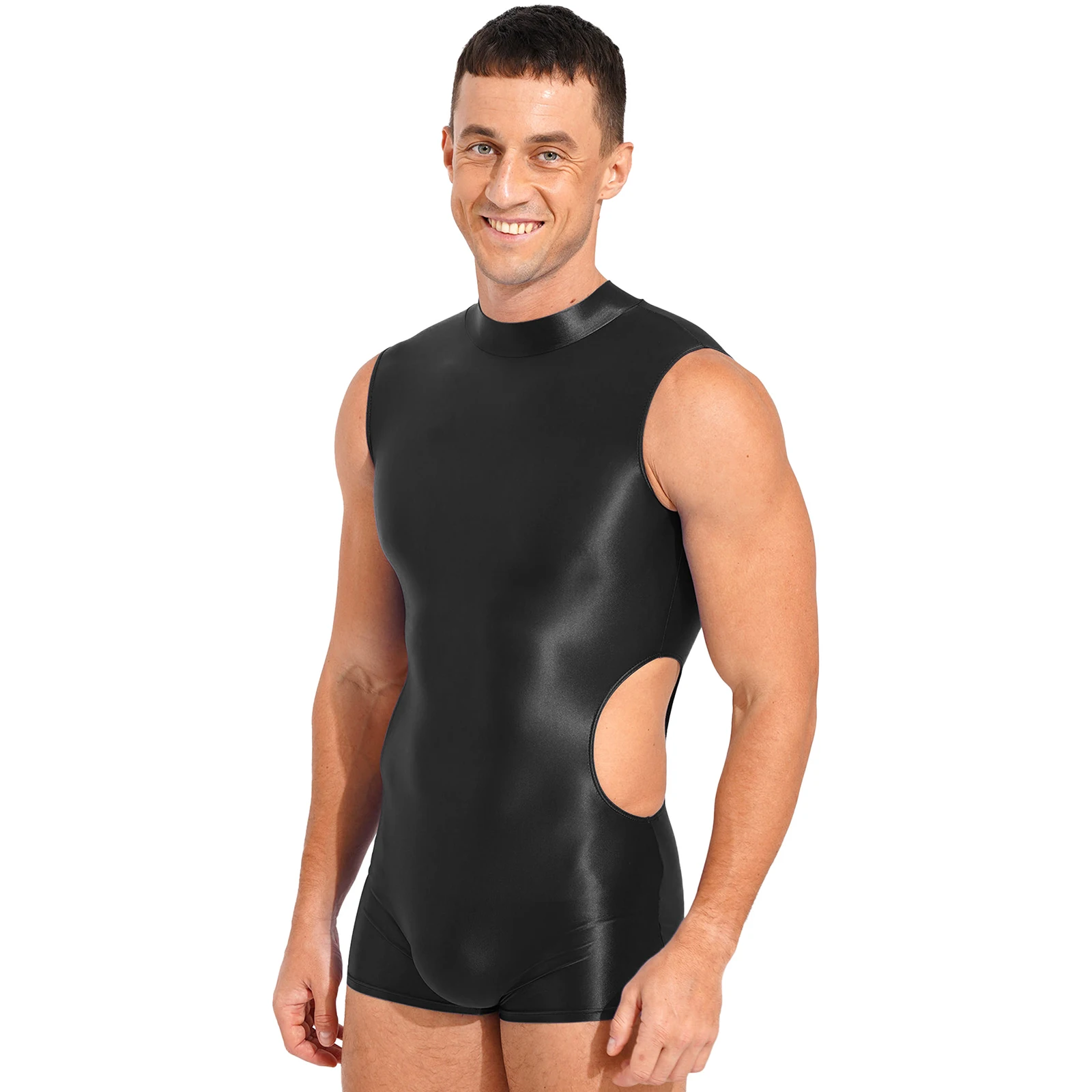 Mens Glossy Bodysuit One-piece Swimsuit Cutout Back Zipper Tight Stretchy Short Jumpsuit Gym Workout Fitness Swimwear Nightwear
