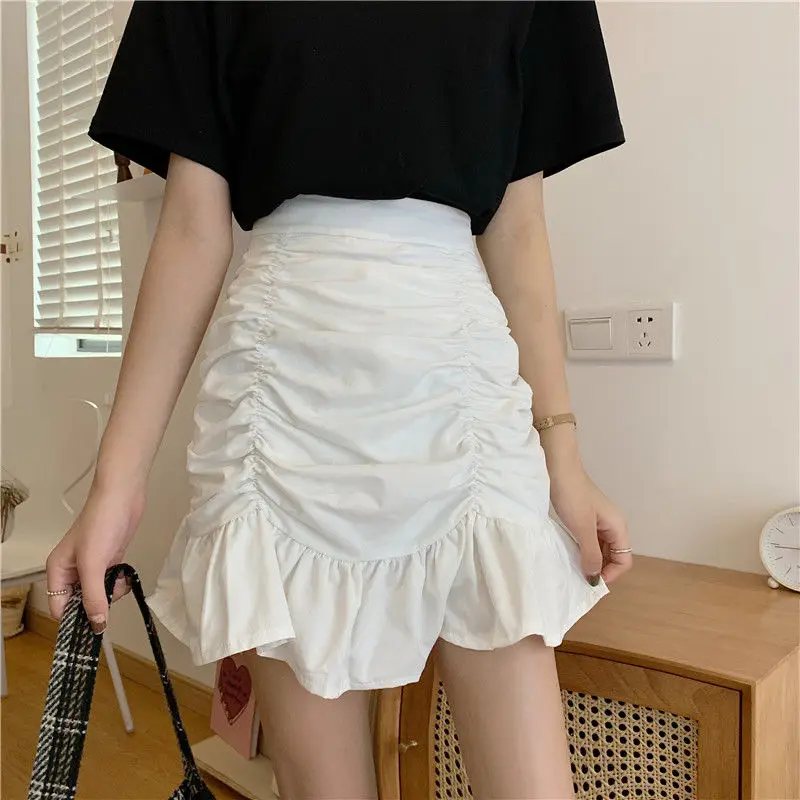 

Skirts Women Solid Trumpet Summer All-match Sexy Elegant Mini Hem Ruffles Korean Style High Waist Hot Sale Lovely Girls Clothing