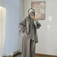 Costume musulman pour femmes, haut à capuche, pantalon à jambes larges, ensemble 2 pièces, sweat-shirt à capuche, tenues sportives à rayures, survêtement 4