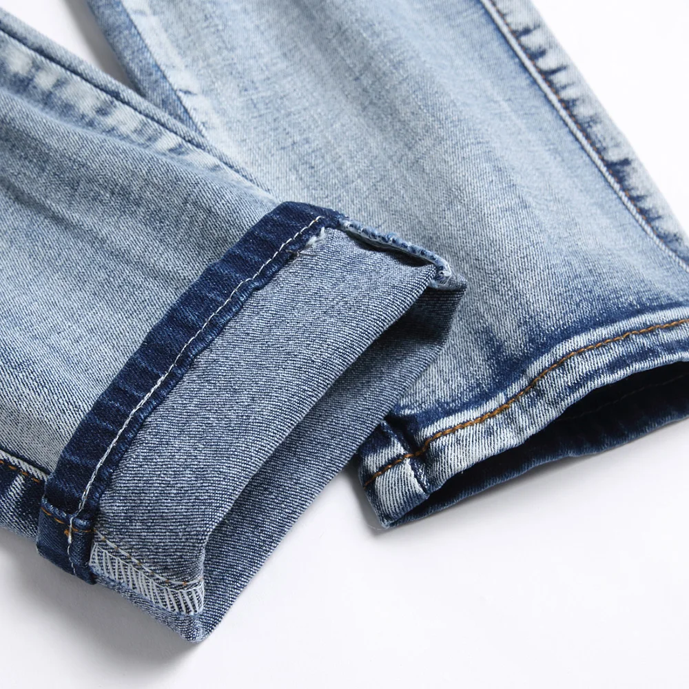 Men Snake Embroidery Jeans Holes Ripped Blue Stretch Denim Pants Slim Tapered Trousers 5
