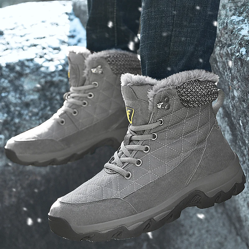 Brand Winter Men Snow Boots Fur Plush Warm Leather Men Boots Waterproof Ankle Boots Outdoor Non-Slip Hiking Boots Work Shoes