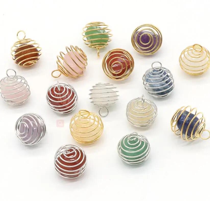 20pcs  Natural Crystal Stone Copper Wire Wound Spring Pendant  Amethyst Rose Quartz Charms Jewelry Making