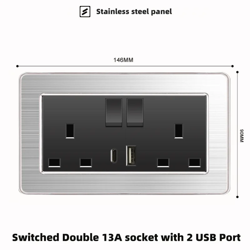 Stainless steel wall switch dual USB charging ports