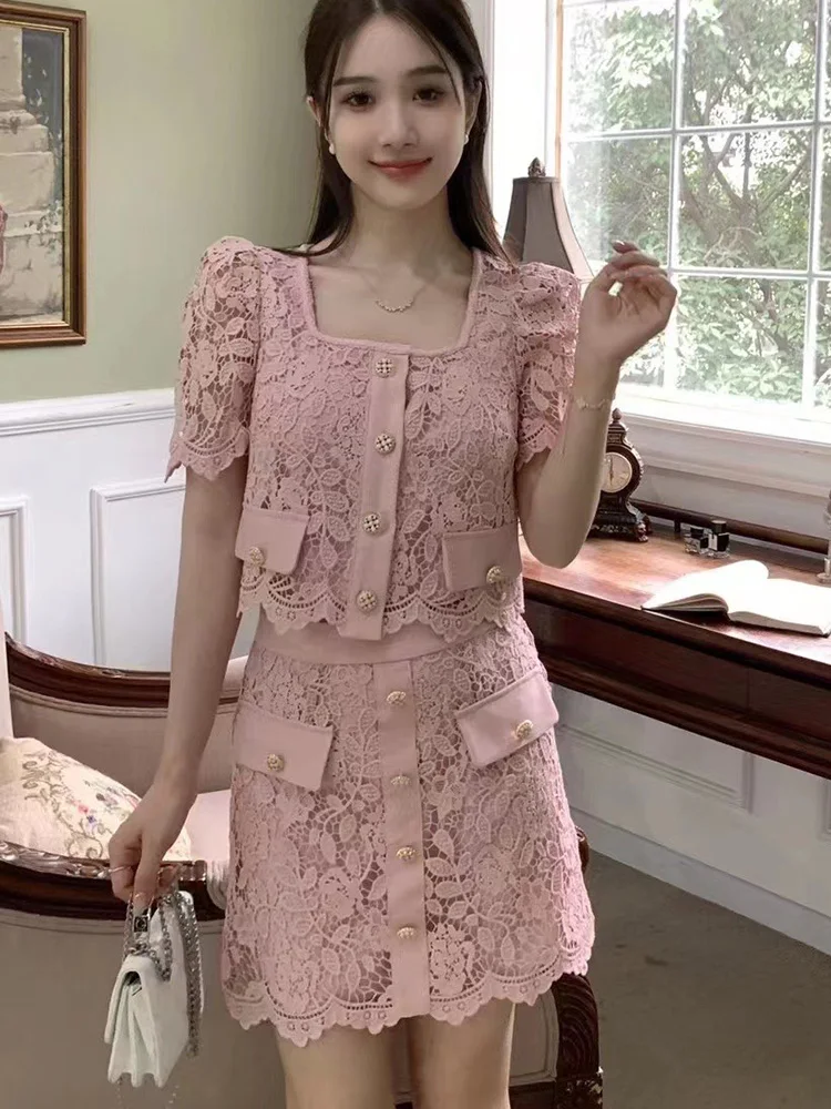 

High Quality Single Breasted Fashion Lace Set Square Neck Short Sleeve Top + High Waist Skirt Outfit Women 2023 Two Piece Set