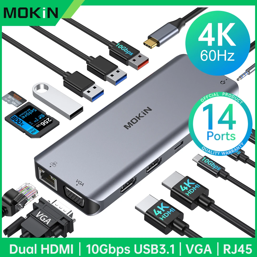 MOKiN USB C Hub 4K 60Hz HDMI DP VGA Ethernet PD 100W Adapter for MacBook & PC 1