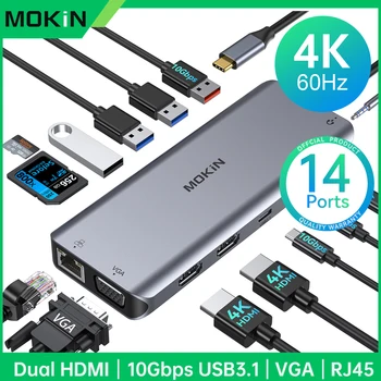 MOKiN USB C Hub 4K 60Hz HDMI DP VGA Ethernet PD 100W Adapter for MacBook & PC 1