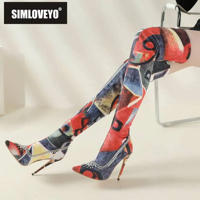 

SIMLOVEYO Brand Shoes For Women Thigh Stretchy Boots Pointed Toe Thin Heels 10cm Crystal Large Size 48 Mixed Fashion Sexy Booty