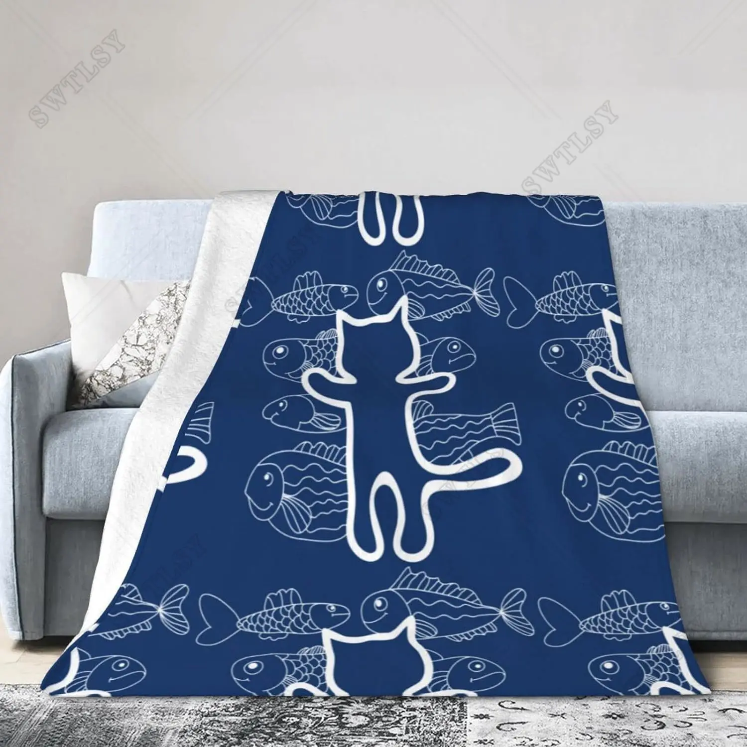 

Cartoon Cat Blanket Soft Lightweight Durable Cat and Fish Flannel Fleece Blanket ,Blue Theme Flannel Fleece Blanket for Bed Sofa