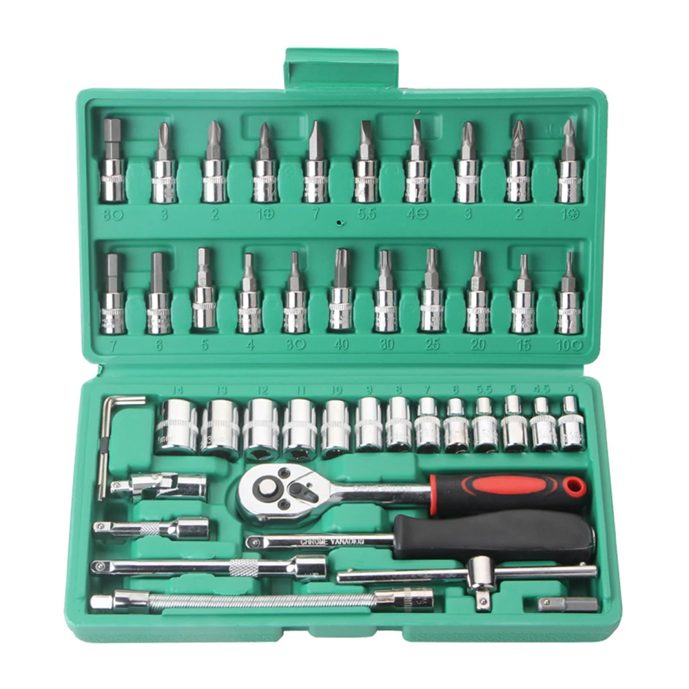 46pcs Car Repair Tool Set,1/4inch Socket Set,ratchet Torque Wrench