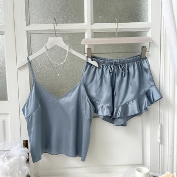 Summer women's satin pajamas loose casual V-neck top with ruffled shorts Thin home wear